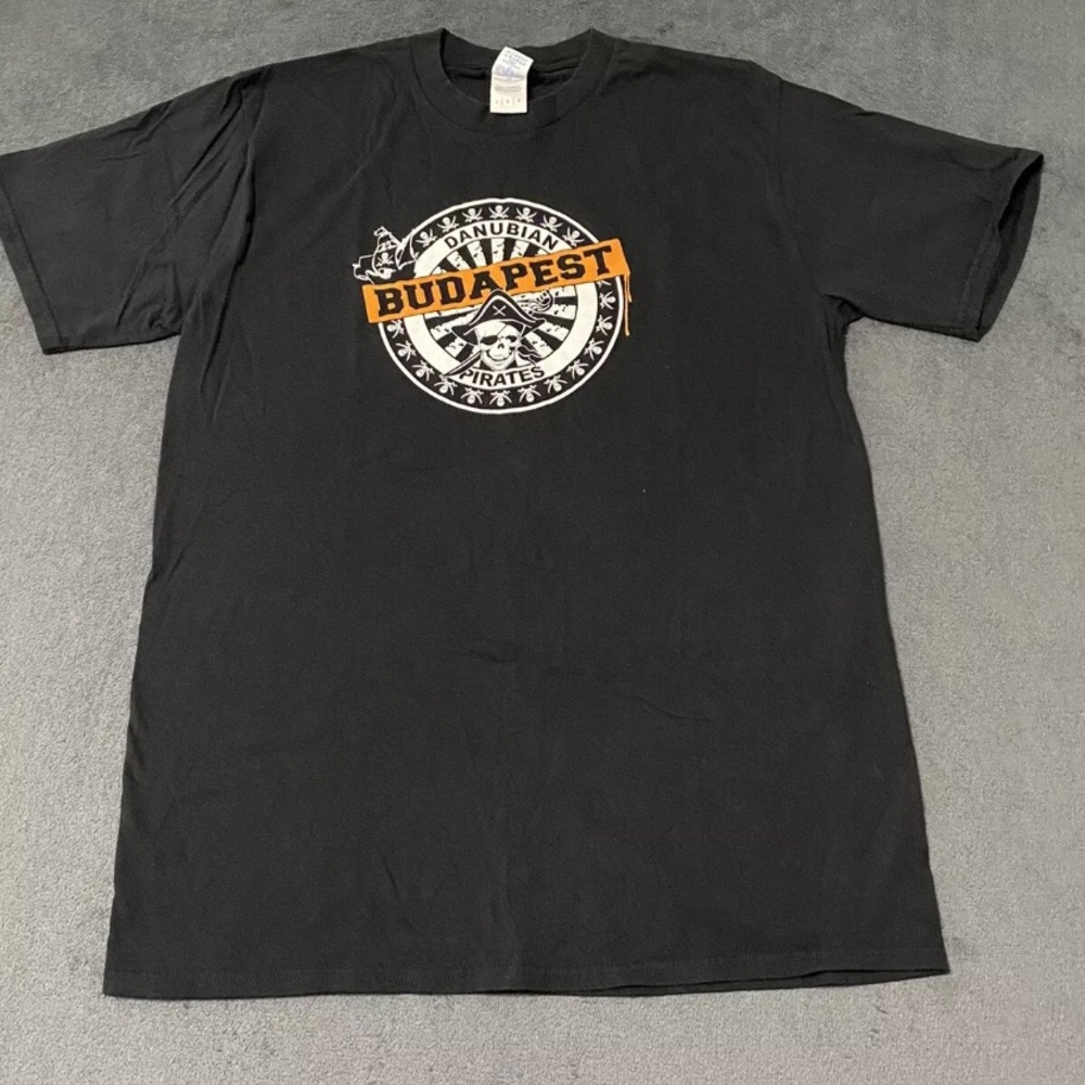 Budapest Tourist Shirt Black Orange Danubian Pirates Graphic Tee Unisex Large